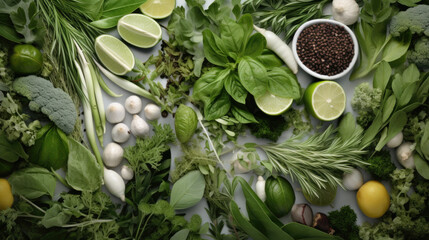 Various herbs, spices and vegetables on grey stone background, top view