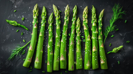 Asparagus pods with salt and dill. The product is healthy organic food. Super food young juicy green sprouts for vegans
