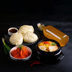 Korean food.  Ramen with beef, Pigodi with sauce, carrot salad Markovcha, a bottle of compote. on a black wooden background.