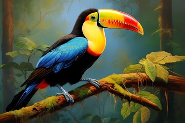 A colorful toucan perched on a branch, its vibrant beak and plumage making it a true tropical beauty.