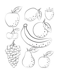 Fruit coloring book. Children coloring book featuring fruits such as apple, plum, cherry and strawberry, as well as grapes, pears and bananas. Tropical fruits coloring book. Banana, orange and lemon