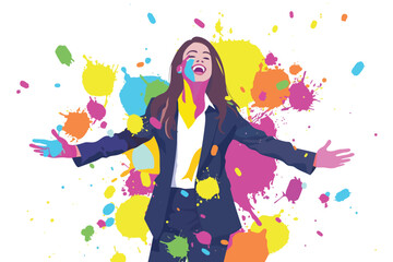 Obraz na płótnie Canvas happy woman in business suit covered with colorful Ho isolated vector style