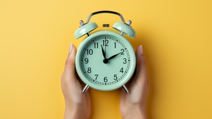 A hand holds a classic clock on a yellow base - obrazy, fototapety, plakaty