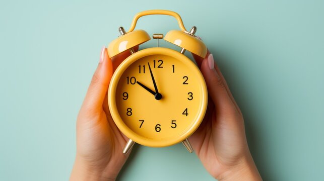 A hand holds a classic clock on a yellow base