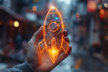 Close-Up of a Hand Holding a Holographic Rocketship