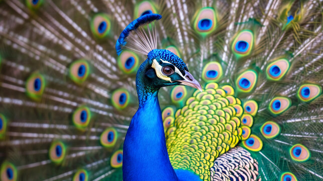 Peacock with fanned tail. The Indian or blue peafowl dance display. Male peacock dancing gracefully and colorful.