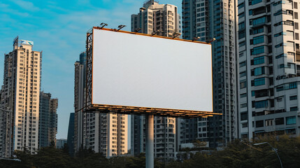 Urban Cityscape with High-Rise Buildings Background Featuring a Blank Billboard Ready for Advertisement