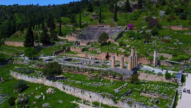 The Ancient Theater of Delphi in Greece with a Drone Dolly In Shot.