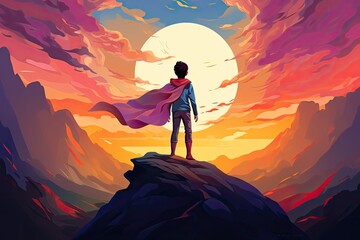 hero boy with cape stand on a cliff illustration