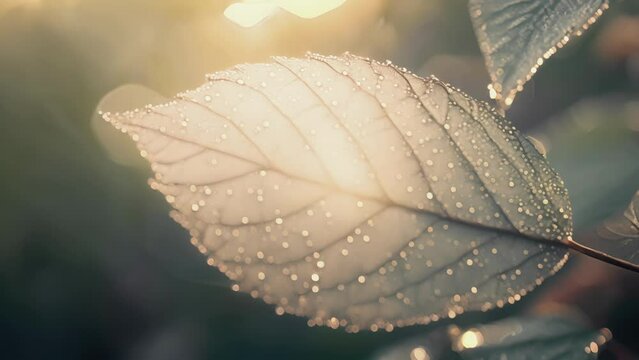 A dewcovered leaf is illuminated by the backlight showcasing intricate patterns and details that would otherwise go unnoticed.