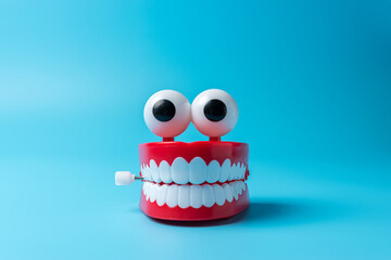 Plastic toy teeth on blue background. Abstract minimal composition.