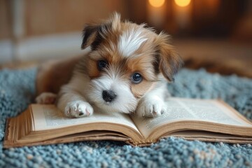 Small dog, cute puppy reading an open book. Pet child learning. Concept lessons children, science education.