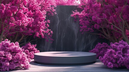 circular stage made of concrete rests peacefully in a vibrant forest carpeted with pink wildflowers - obrazy, fototapety, plakaty