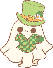 Groovy Retro St. Patrick Ghost, Cute Kawaii Hand Drawing