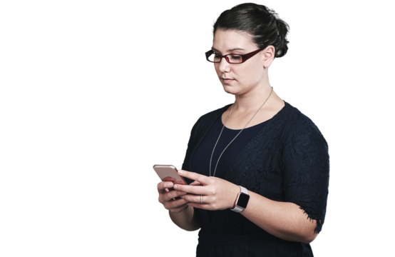 Smartphone, typing or business woman on internet, research or social media in startup isolated on a transparent png background. Phone, serious or creative designer on website, scroll or reading email