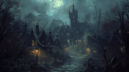 Medieval Halloween night dark spooky fantasy creepy haunted  town at night