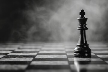 A single black chess king piece stands alone on a checkered board - obrazy, fototapety, plakaty
