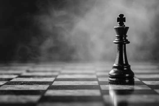 A single black chess king piece stands alone on a checkered board