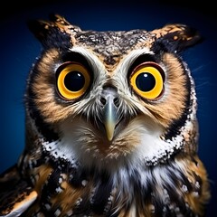 A curious owl, its large eyes staring directly at the camera, against a deep blue background.