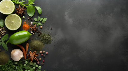 Obraz na płótnie Canvas Various herbs, spices and vegetables on grey stone background, top view with copy space