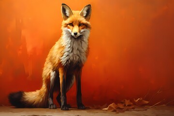 A curious red fox, its bushy tail curled around its body, against a striking crimson background.
