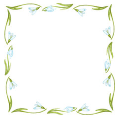 Square frame of snowdrops, spring flowers. Hand drawn watercolor illustration