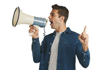 Announcement, speaker and man with news on megaphone with information on transparent or png...