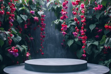 Fototapeta na wymiar serene garden scene featuring a circular concrete platform surrounded by lush greenery and vibrant pink flowers