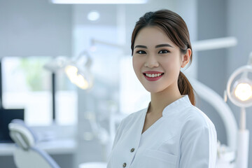 Beautiful and confident Asian female dentist with a friendly smile standing inside a blurry modern clinic