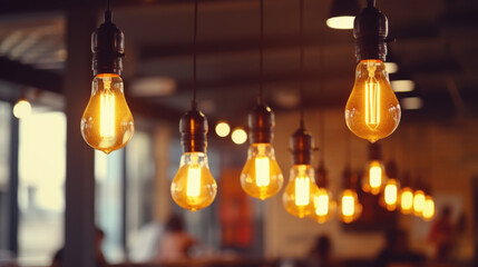 Light bulbs in the stylish cafe, blurred people in background