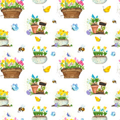 Seamless pattern of hand-drawn watercolor illustrations on the spring theme of garden and flowers.