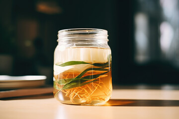 Fermented bread drink kvass in glass jar on kitchen table