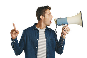 Angry, speaker and man with megaphone pointing to announcement on transparent or png background. Protest, speech or isolated frustrated person with bullhorn, voice and attention for call to action