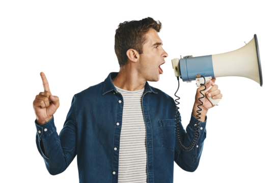Angry, speaker and man with megaphone pointing to announcement on transparent or png background. Protest, speech or isolated frustrated person with bullhorn, voice and attention for call to action - Powered by Adobe