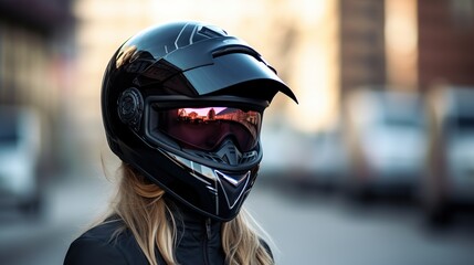 Girl in a motorcycle helmet on the background of the street close-up, copyspace, Generative AI - obrazy, fototapety, plakaty