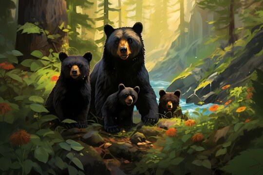 A family of black bears foraging for food in a lush forest, their powerful paws and keen sense of smell guiding them through the wilderness.