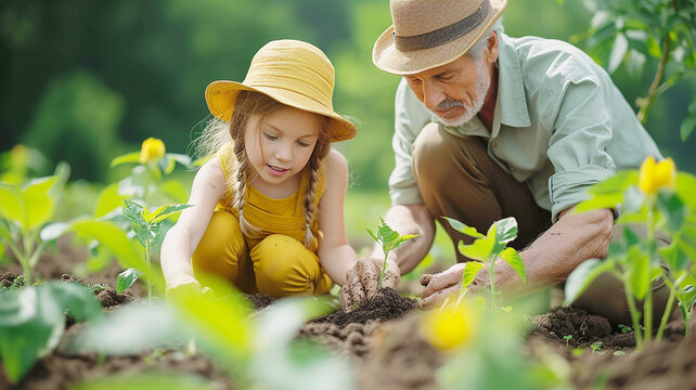 Family planting tree on Arbor day in spring. Generative AI.
