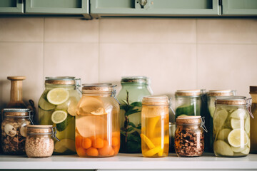 Variety of homemade fermented drinks in the glass bottles and jars, healthy organic probiotic beverage