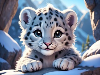 Smiling Snow Leopard Cub sitting on the edge of the mountains, Cute baby leopard , cute baby animals for kid's room decoration, Kid's wall art, Cute beautiful baby animals  