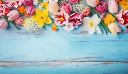 colorful tulips and daffodils on blue wooden table