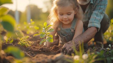 Family planting tree on Arbor day in spring. Generative AI.