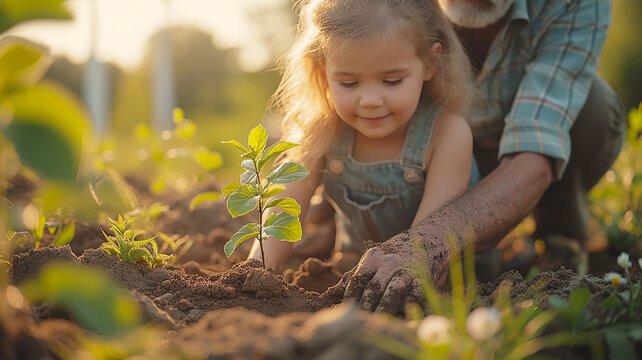 Family planting tree on Arbor day in spring. Generative AI.