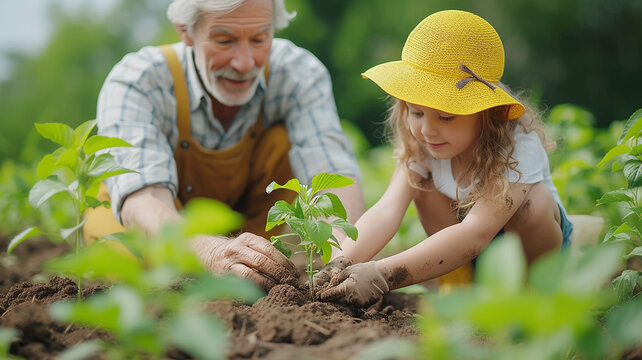 Family planting tree on Arbor day in spring. Generative AI.