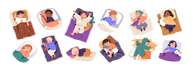 Child sleeping in bed set. Calm kids asleep, lying and dreaming at night. Cute little boys and girls, sweet children relaxing on pillows. Flat graphic vector illustrations isolated on white background