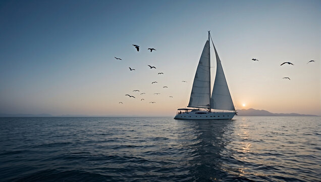A wonderful sailboat in the sea rushes through the waves at dawn