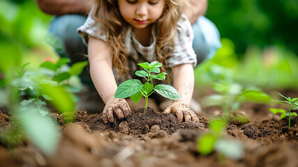 Family planting tree on Arbor day in spring. Generative AI.