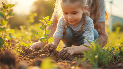 Family planting tree on Arbor day in spring. Generative AI.