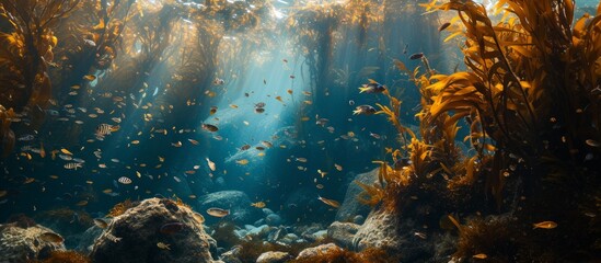 Fototapeta na wymiar Beautiful underwater world with a multitude of colorful fish swimming gracefully in a grand aquarium tank