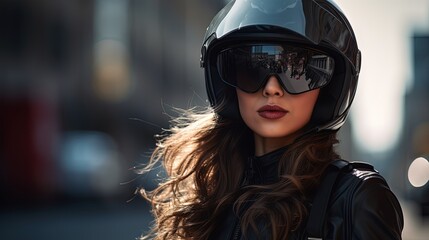 Girl in a motorcycle helmet on the background of the street close-up, copyspace, Generative AI