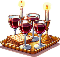 four glasses of wine, matzo, candles, pesach, flat design